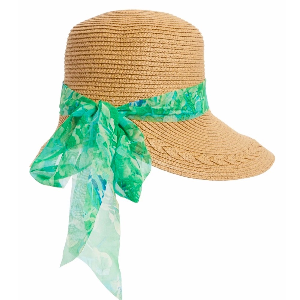 Straw Hat with Scarf Trim - Picture 3 of 8